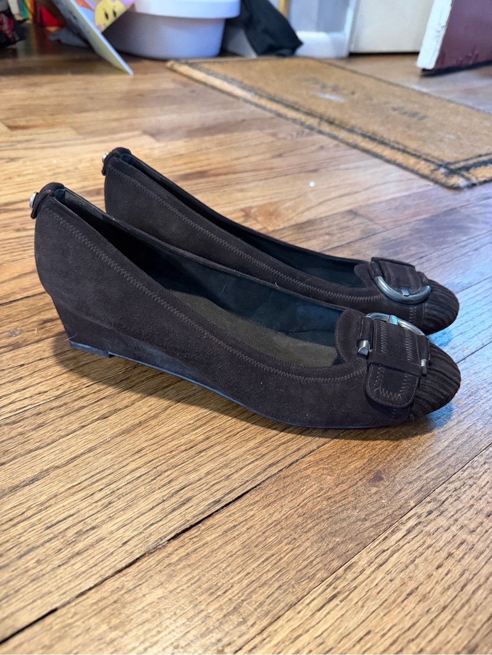 Stuart Weitzman Dark Brown Suede Wedge Flats with Buckle Accent
